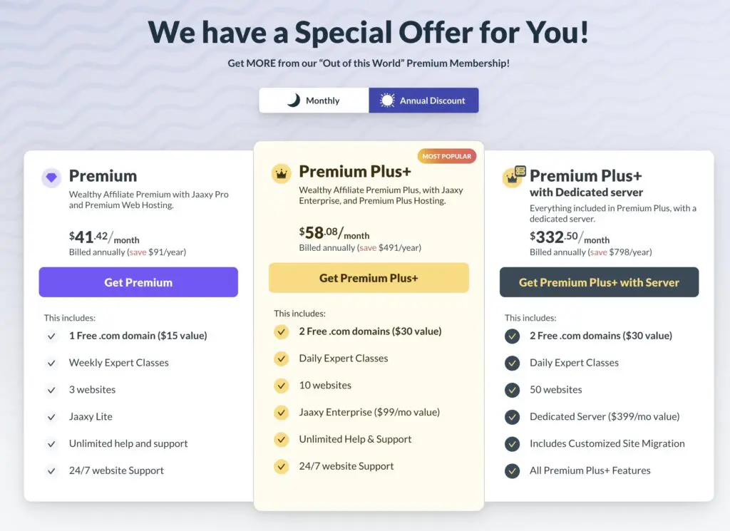 Wealthy Affiliate tiers of membership pricing