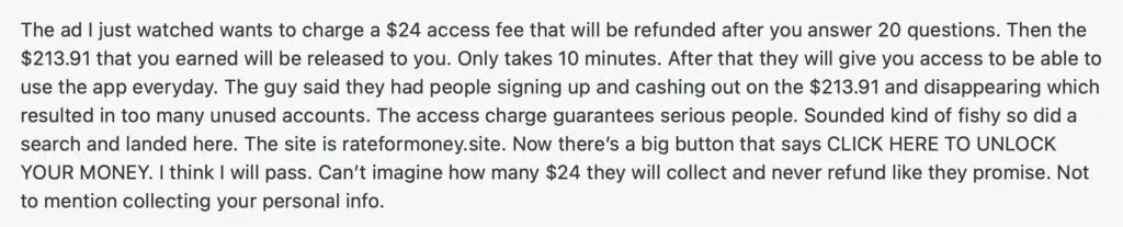rateformoney.online scam review comment screenshot