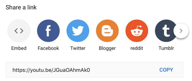 screenshot showing the share options on a youtube video