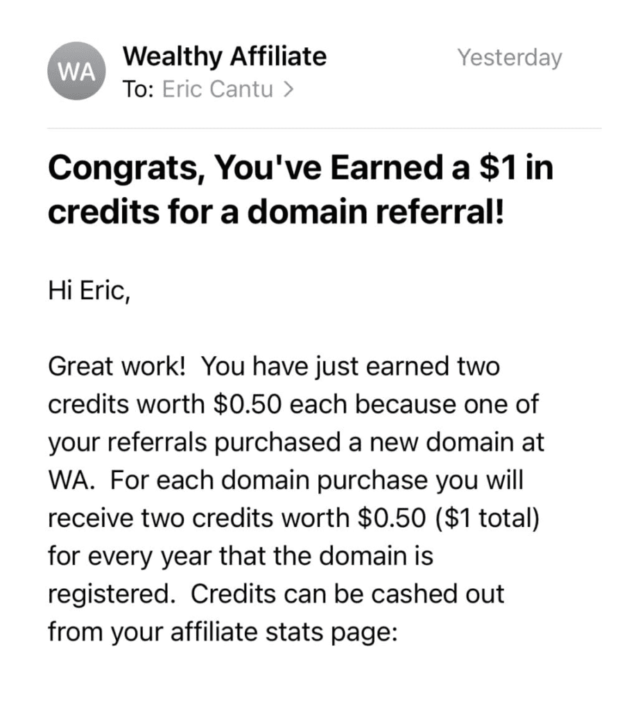 Wealthy Affiliate domain referral credit