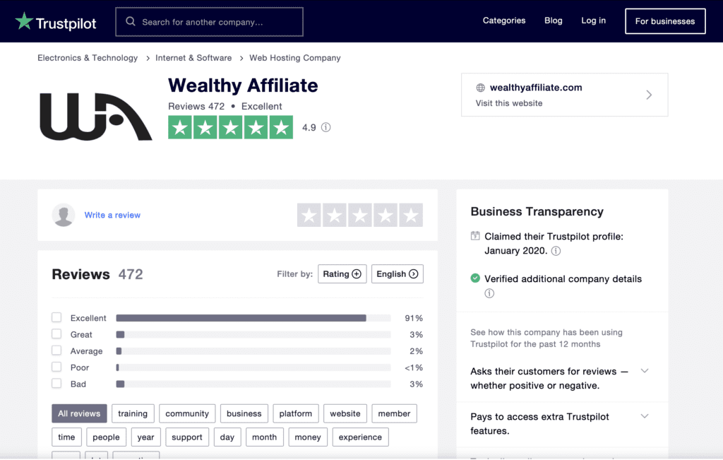 trust pilot wealthy affiliate rating
