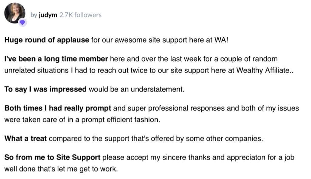 Wealthy Affiliate Site Support Testimonial 1