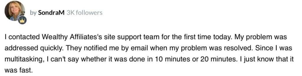 Wealthy Affiliate Site Support Testimonial 2