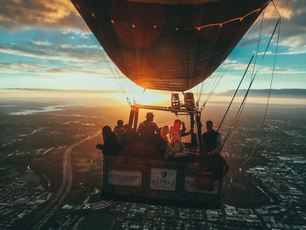 hot air balloon at sunrise over Melbourne