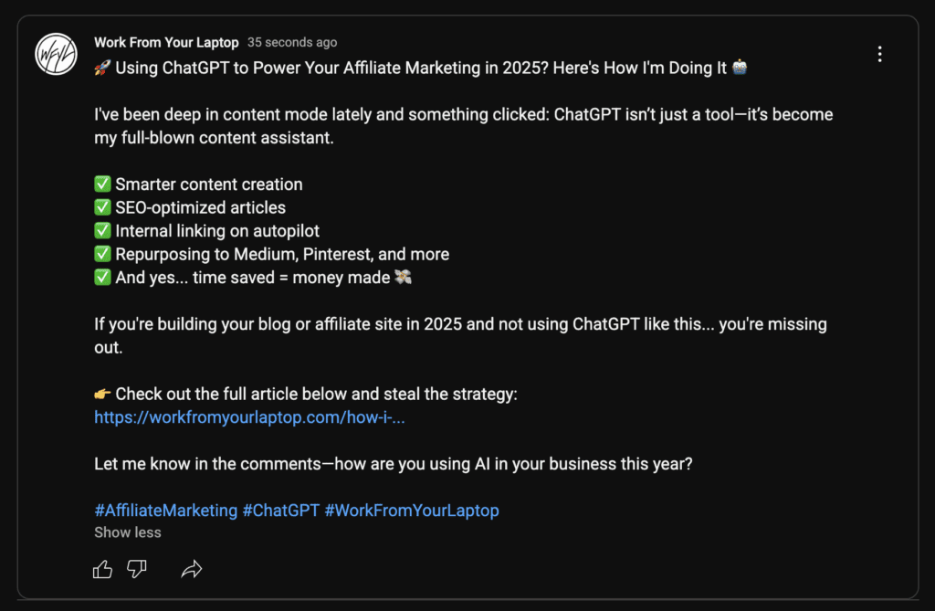 How I Use ChatGPT to Automate Content Creation, SEO, and Affiliate Marketing in 2025 screenshot YouTube community tab