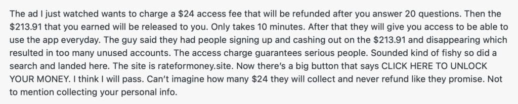 rateformoney.online scam review comment screenshot